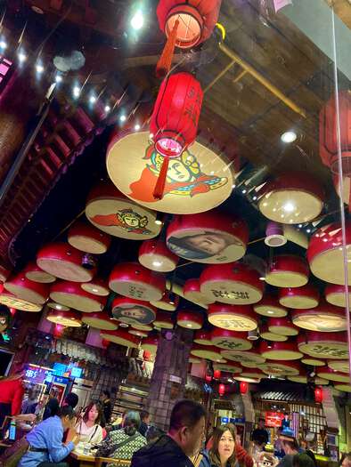 Drums on the ceiling of a restaurant