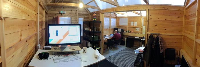 Panorama of Zarino’s desk in the shed