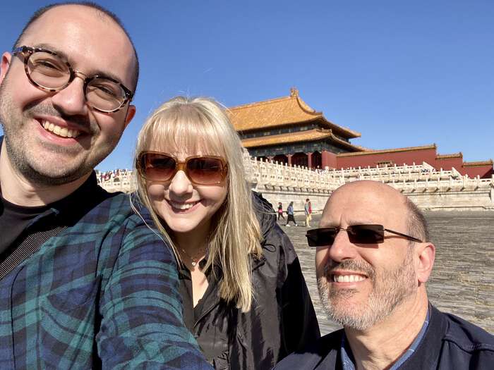 Nino, Julijana, and Zarino in the middle of the Forbidden City