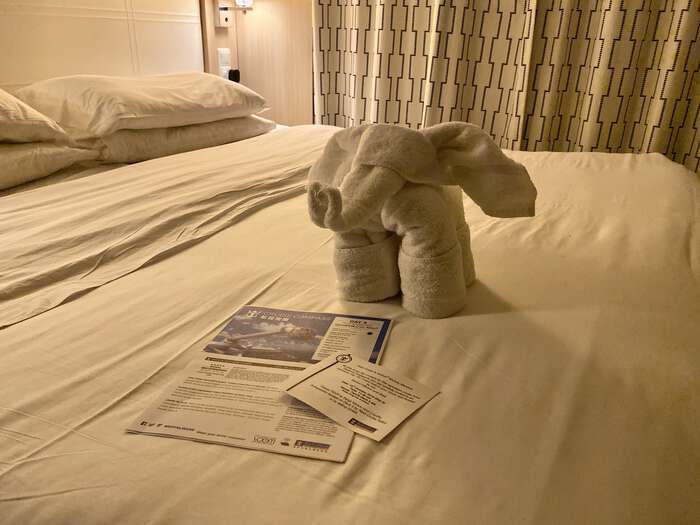 Elephant made out of folded towels, in our cabin