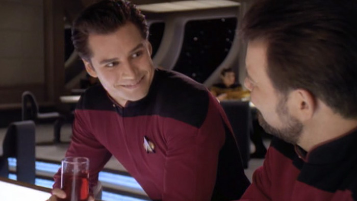 Ensign Lavelle ingratiates himself with Commander Riker