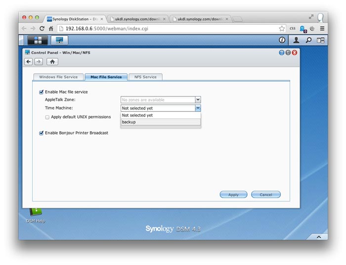 Enabling Mac Time Machine support in Synology DSM