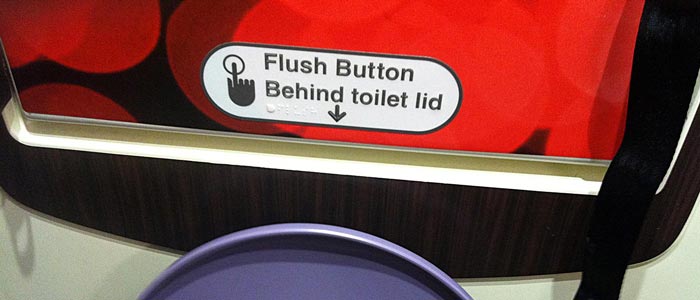 Sign above toilet flusher, telling you about toilet flusher